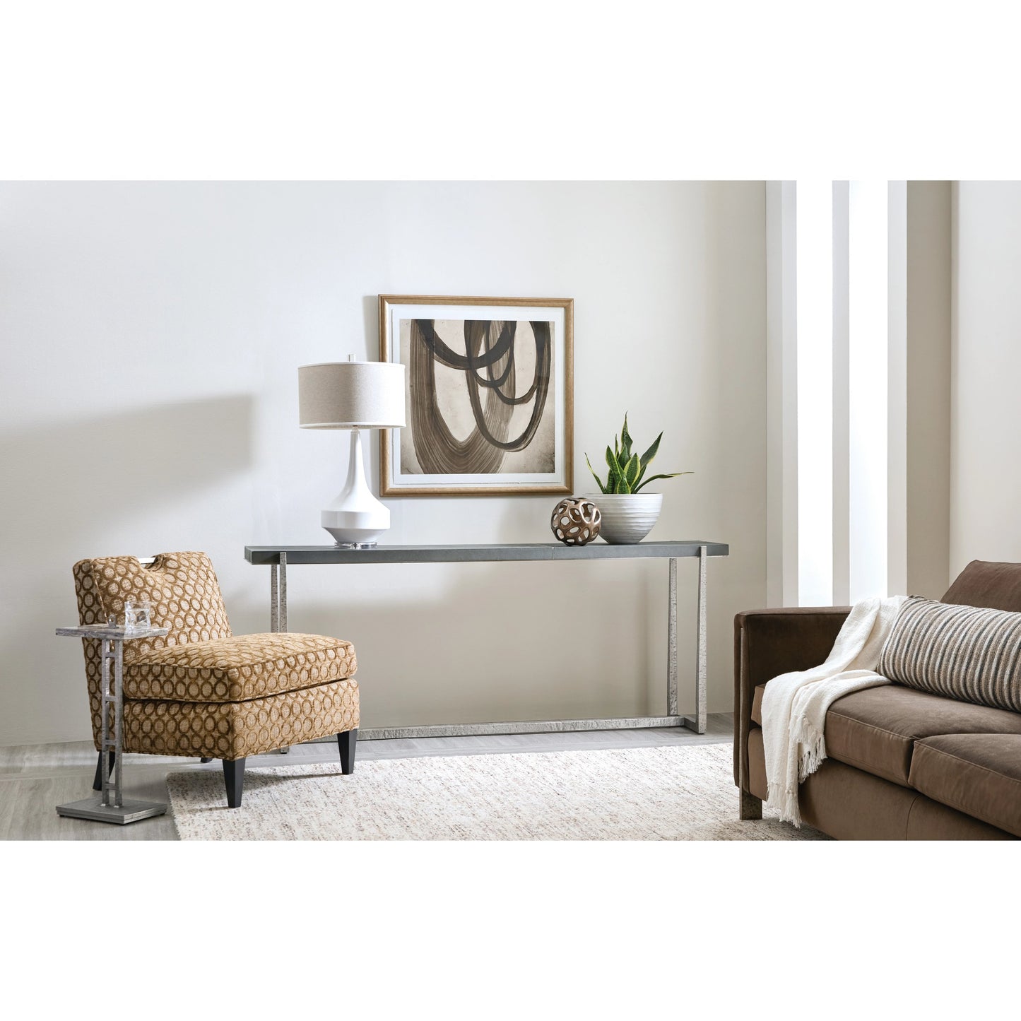 004 SI-1959561 | Lifestyle | Chapman Mixed Media Console Table by Hooker Furniture in gray and pewter. Made from metal, faux shagreen in a modern style.