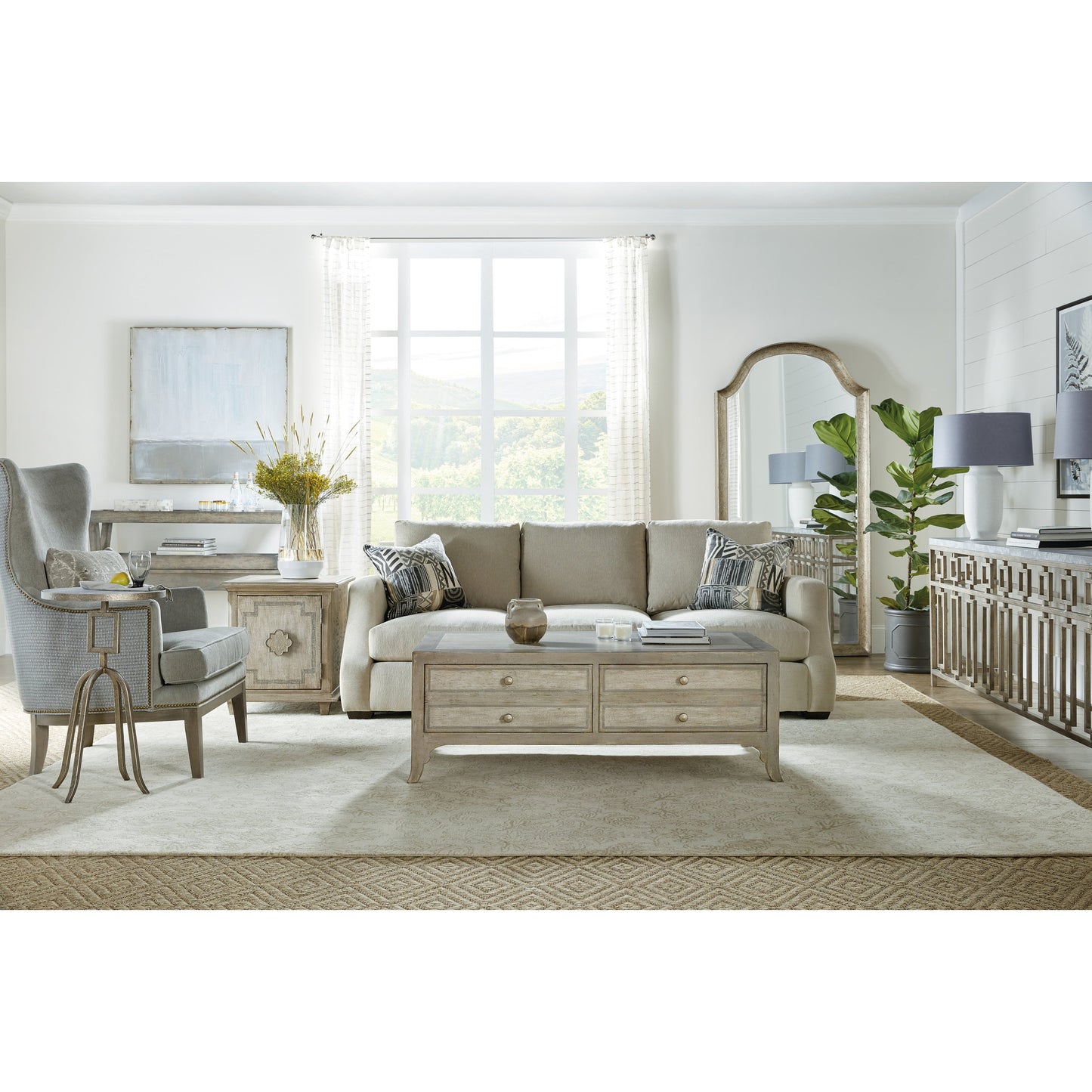 004 SI-1748239 | Lifestyle | Lapilli Console Table by Hooker Furniture in distressed metallic silver. Made from metal, stone veneer in a transitional style.