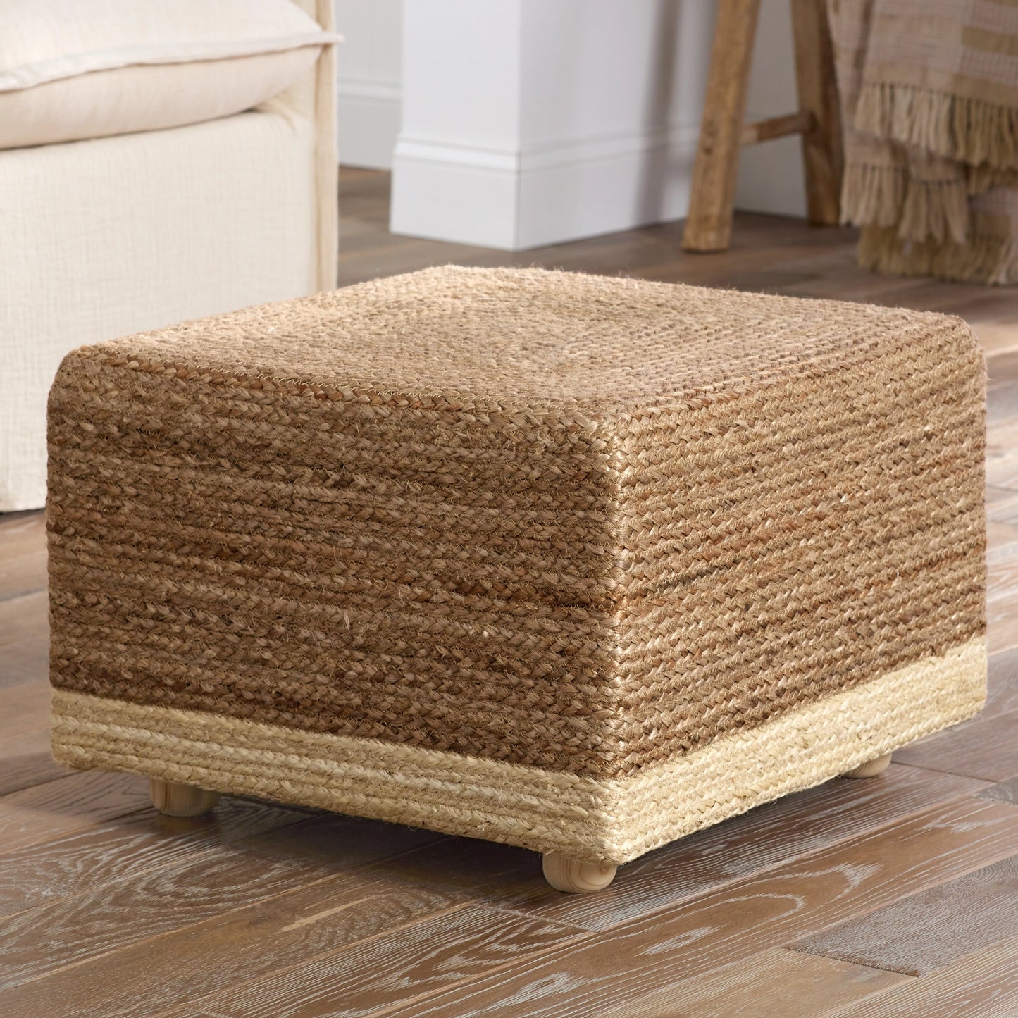 003 SI-2077393 | Closeup | Saba Sienna Square Stool by Jaipur Living in tan, beige. Made from 100% jute fiber in a unique style.