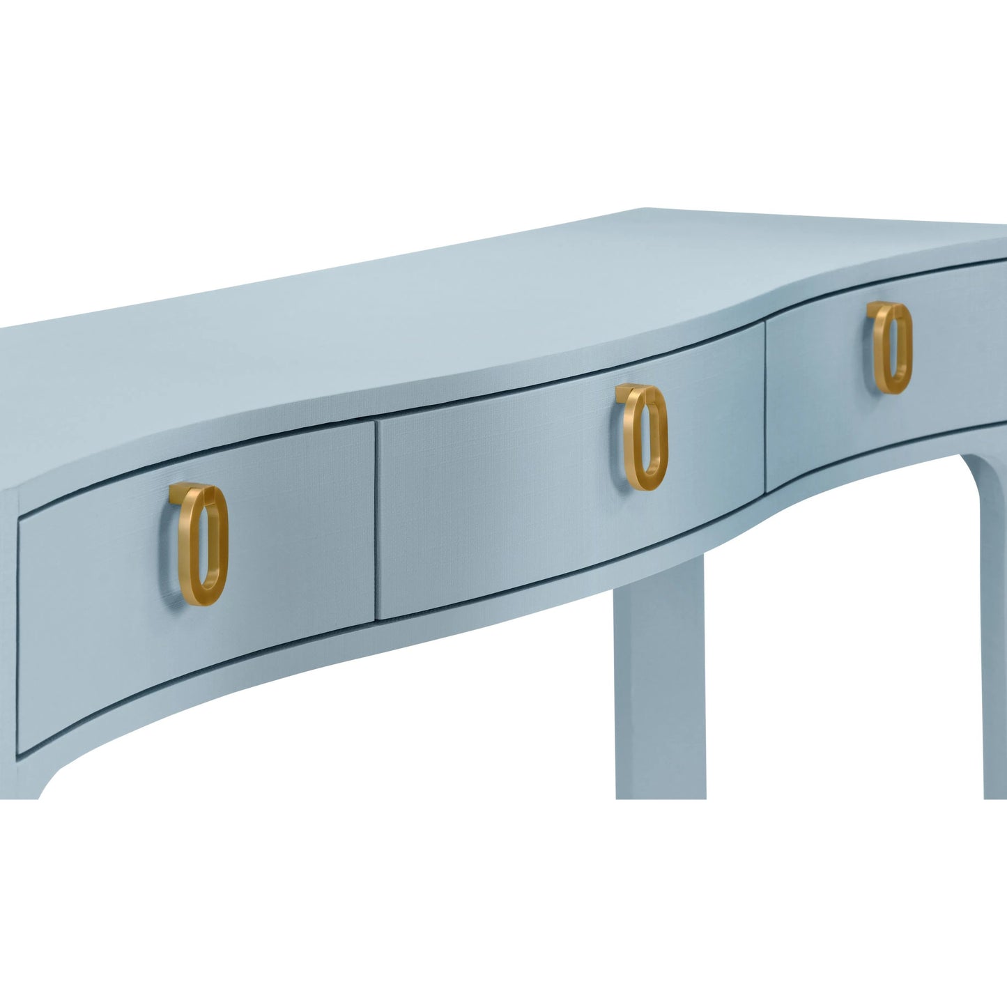 005 SI-2461337 | Closeup | Sabrina Curved Front Console by Worlds Away in blue. Made from solid wood, mdf, linen in a eclectic & global style.