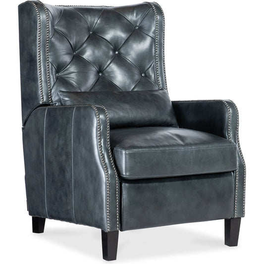 Whittney Press Back Recliner by Hooker Furniture in blue and dark wood. Made from unique in a traditional style.