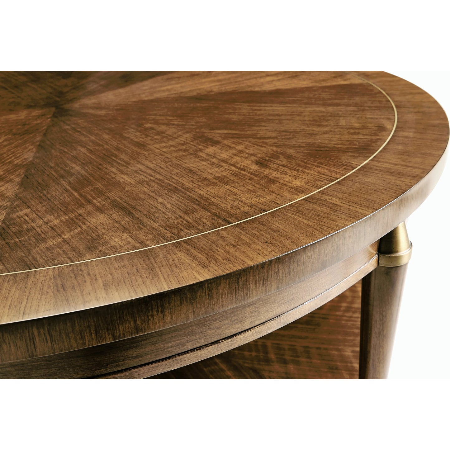 006 SI-1991099 | Closeup | Toulouse Round Cocktail Table by Jonathan Charles in walnut. Made from walnut quarter figured veneer in a modern style.