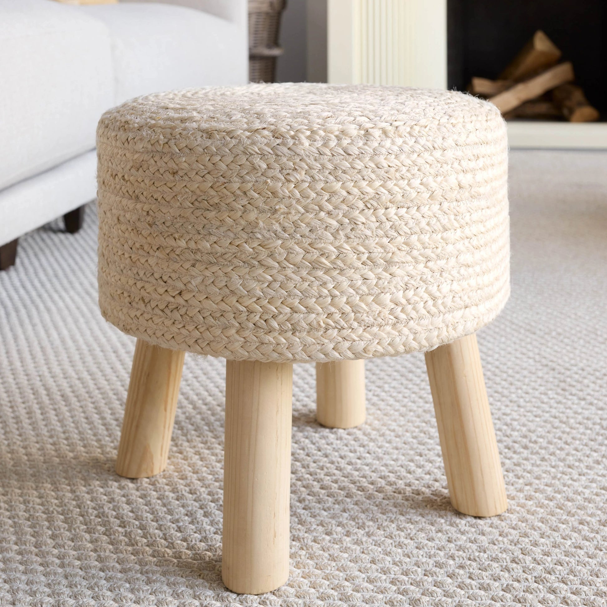 Saba Stool SBT03 Pouf by Jaipur Living in beige. Made from 100% jute fiber in a rustic style.