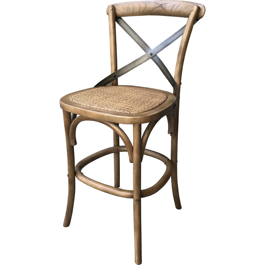 001 SI-2004217 | Primary Silo | Cross Back Fixed Counter Stool by LH Imports in sundried and sundried, gunmetal. Made from elm, rattan, iron in a modern style.