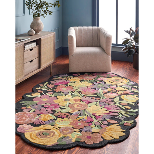 Shindig SDG-2302 Rug by Livabliss in black, mustard yellow, burnt orange, olive green, plum, coral, lavender, marigold. Made from face: 60% wool, 40% viscose in a unique style.