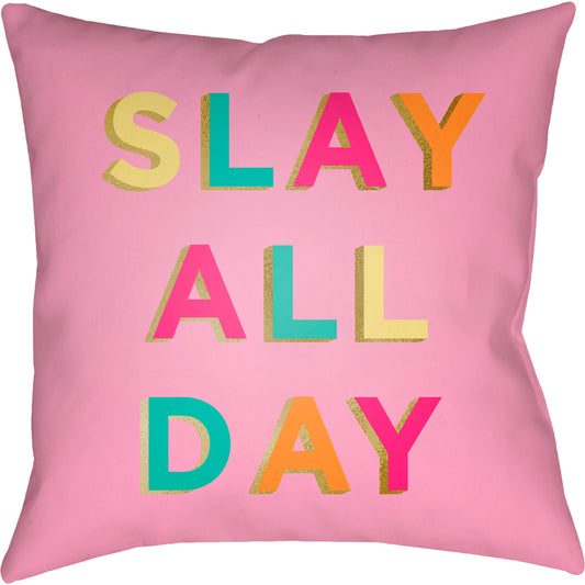 Slay All Day Pillow - 17340 by Livabliss in lavender, metallic gold, seafoam, orange, yellow. Made from front: 100% polyester, back: 100% polyester, fill: polyester, polyfill in a modern style.