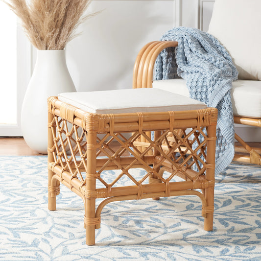 Culebra Rattan Ottoman by HedgeApple Essentials in honey, white. Made from 100% rattan, polyester, foam in a cottage & farmhouse style.