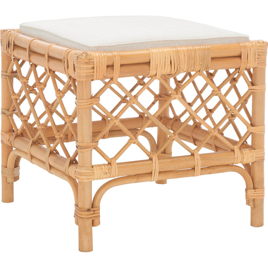 Culebra Rattan Ottoman by HedgeApple Essentials in honey, white. Made from 100% rattan, polyester, foam in a cottage & farmhouse style.