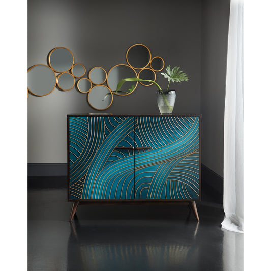 Esperanza Chest by Hooker Furniture in teal, gesso gold. Made from walnut veneers with rattan in a eclectic & global style.