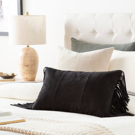 Suede Fringe Pillow - 22996 by Surya. Made from 100% leather, 100% cotton in a cottage & farmhouse style.