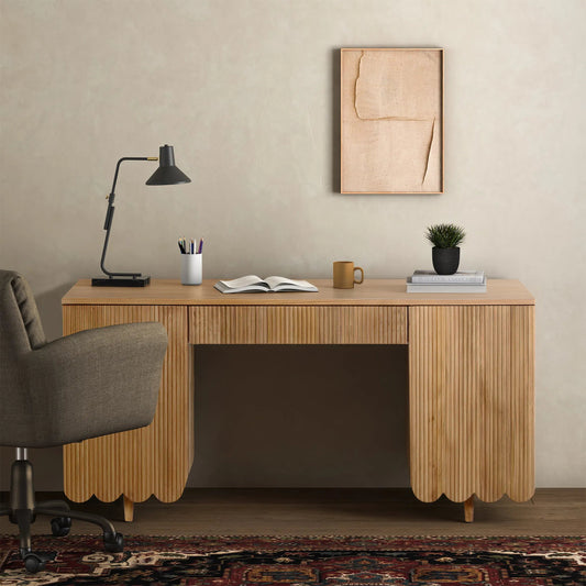 Antelope Fluted Desk by HedgeApple Essentials in natural. Made from oak, rubberwood, oak veneer, manufactured wood, plywood in a transitional style.