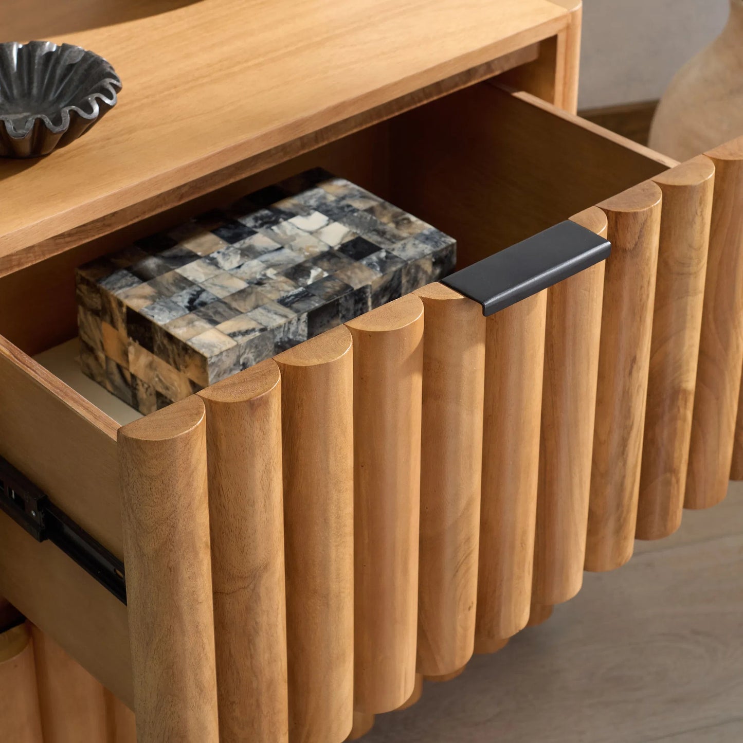 005 SI-2454182 | Lifestyle | Limestone Fluted Nightstand by HedgeApple Essentials in natural, black. Made from mango wood, veneer, plywood, iron in a transitional style.