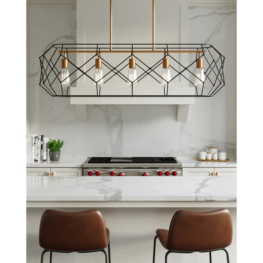 Zarra Five Light Linear Chandelier by Visual Comfort & Co. in satin brass. Made from steel in a modern style.