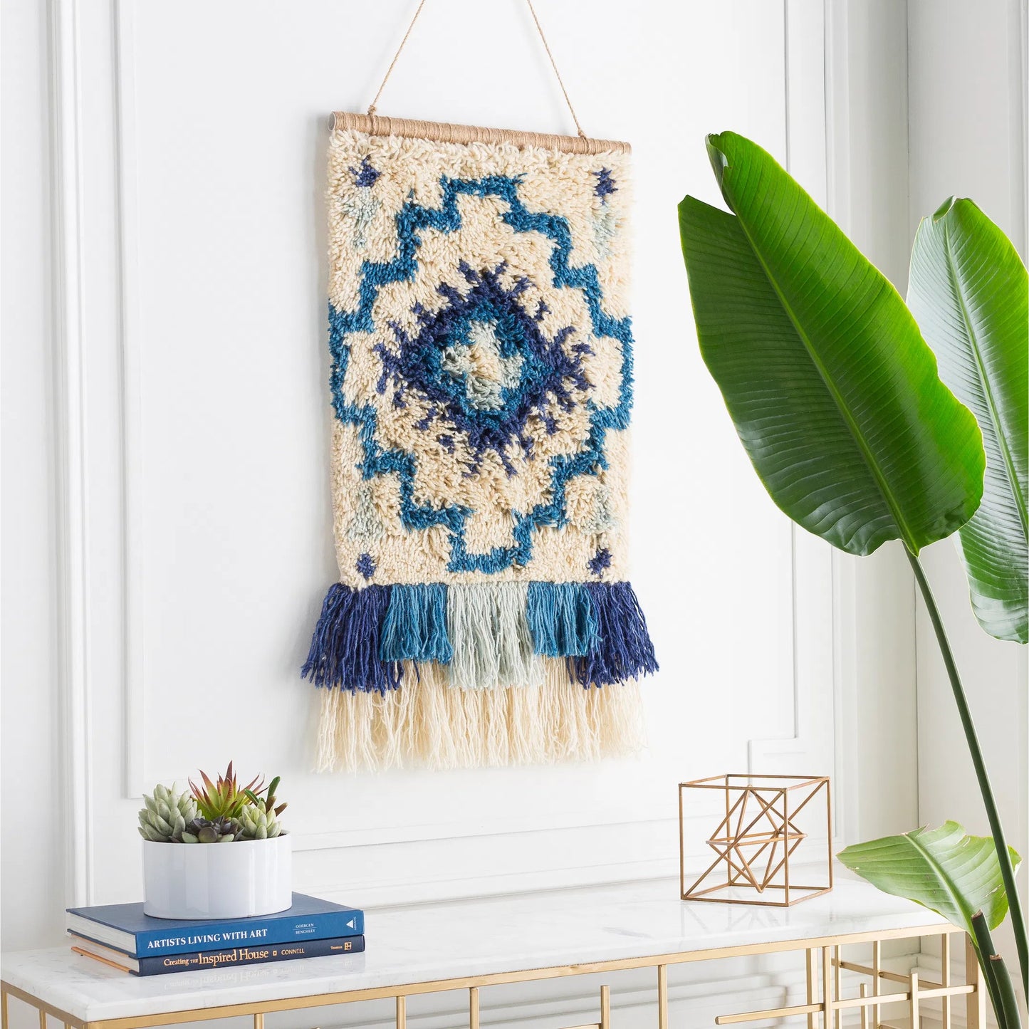 003 SR-754336 | Lifestyle | Santiago Indoor/Outdoor Wall Hanging by Surya in blue, cream. Made from 100% wool in a eclectic & global style.