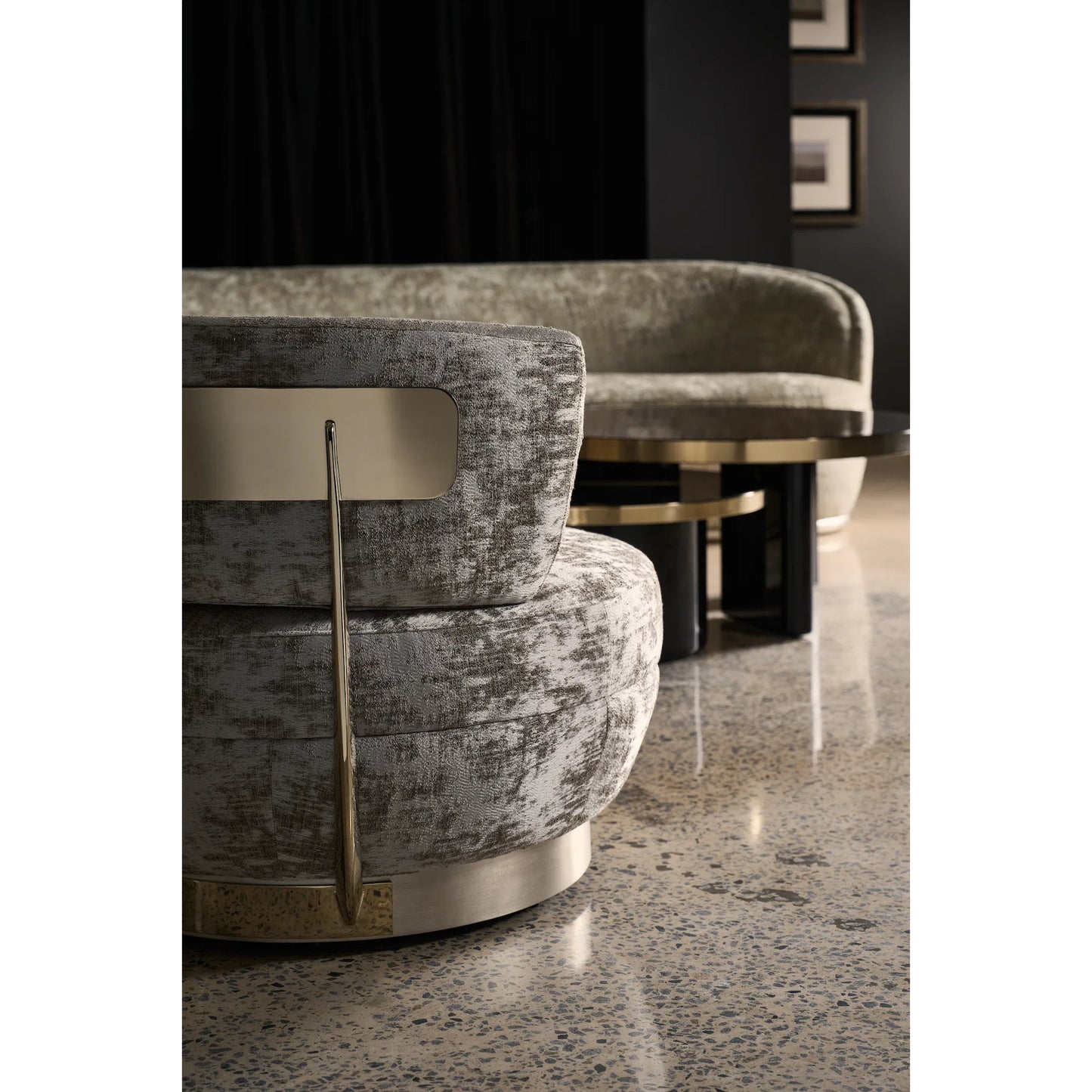 002 SI-2193885 | Lifestyle | Celeste Swivel Chair by Caracole in whisper of gold, charcoal leaf. Made from birch, metal in a modern style.
