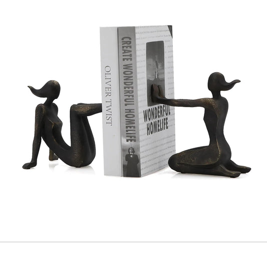 Pushing Women Bookends by Zentique in rustic dark bronze. Made from resin in a modern style.