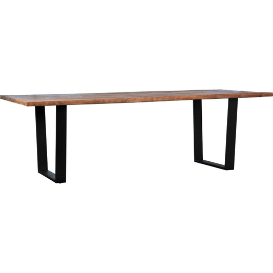 Castro Dining Table by Arch & Plane in medium brown sealed top, black base. Made from acacia wood top, iron base in a traditional style.