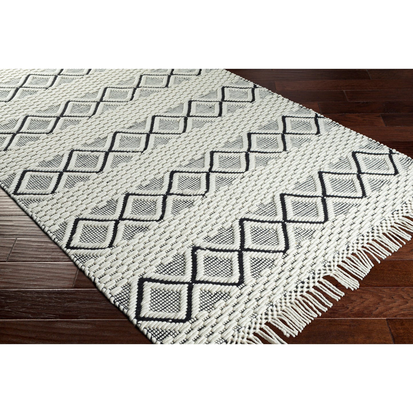 003 SI-1890048,SI-1890050,SI-1890052,SI-1890053,SI-1890054 | Closeup | Saint Clair Rug - 27901 by Surya in black, cream. Made from 100% new zealand wool in a unique style.
