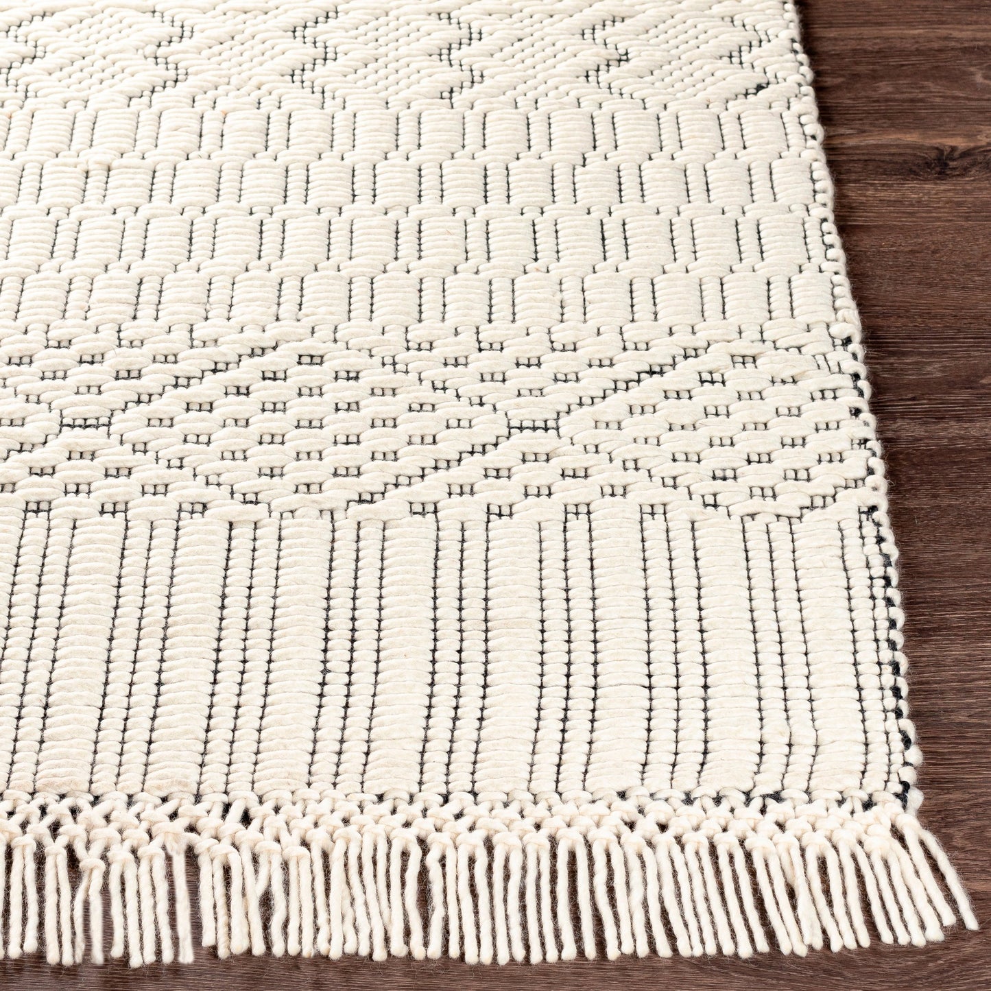 005 SI-1890055,SI-1890057,SI-1890059,SI-1890060,SI-1890061 | Closeup | Saint Clair Rug - 27902 by Surya in black, cream. Made from 100% new zealand wool in a unique style.