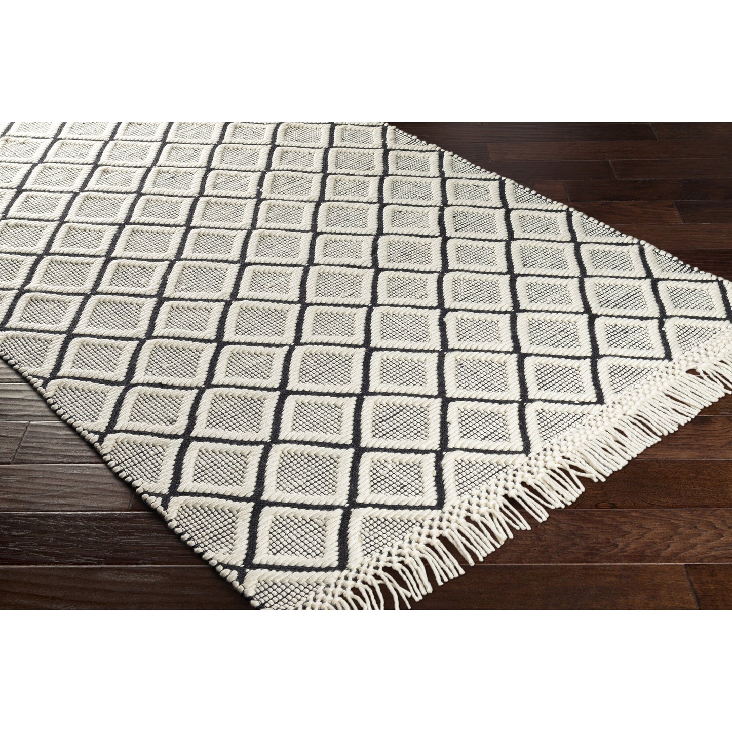 003 SI-1890069,SI-1890071,SI-1890072,SI-1890073,SI-1890074,SI-1890075 | Closeup | Saint Clair Rug - 27904 by Surya in black, cream. Made from 100% new zealand wool in a unique style.