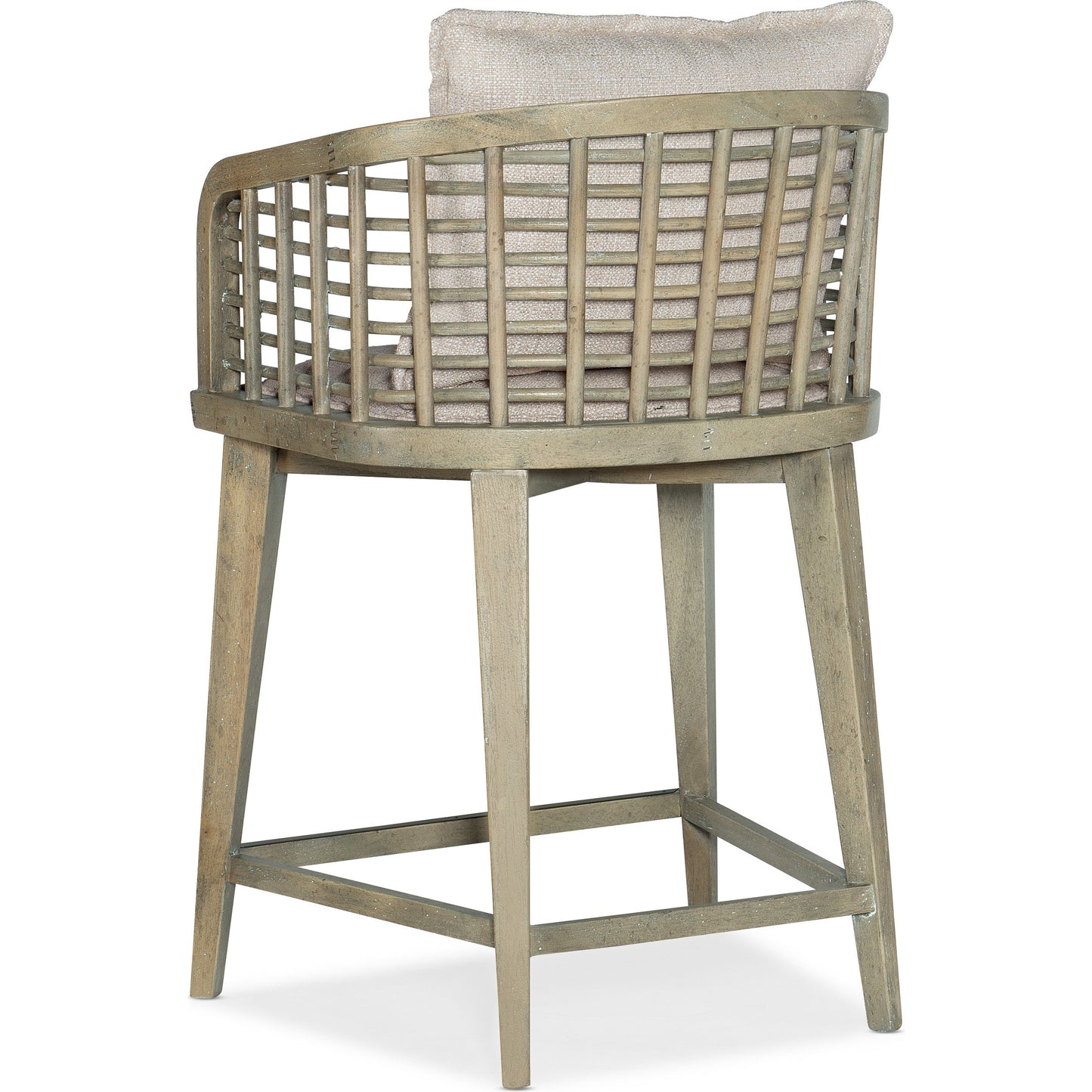 002 SI-1749831 | Additional Silo | Surfrider Barrel Back Counter Stool by Hooker Furniture in beige and driftwood, zuri cream. Made from fabric, rattan, nailheads, copper sheet in a coastal style.