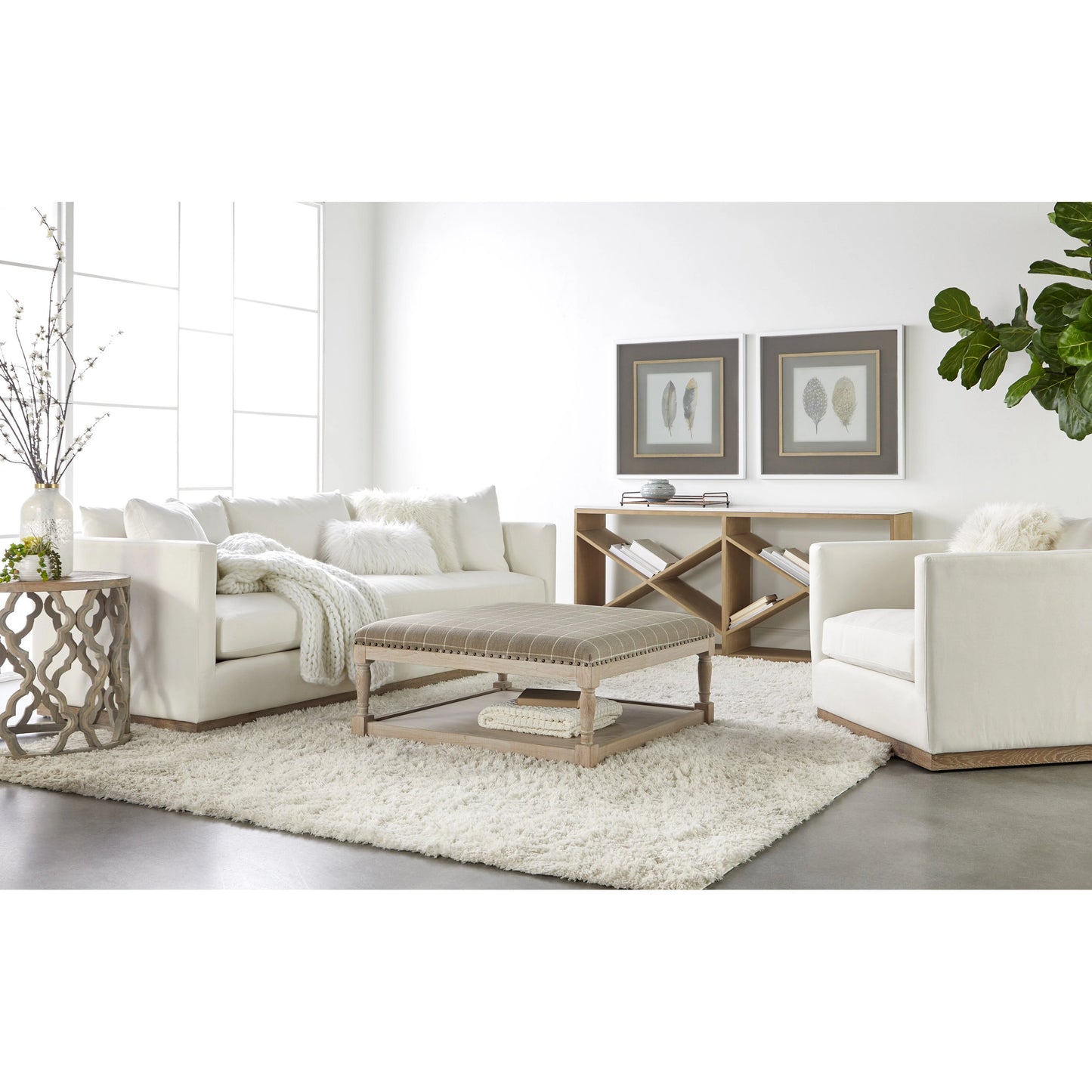 004 SI-1826890 | Lifestyle | Siena Plinth Base Sofa Chair by Essentials For Living in natural gray oak, livesmart machale-ivory. Made from solid oak wood, mdf, plywood, 100% polyester fabric, foam, feather in a modern style.