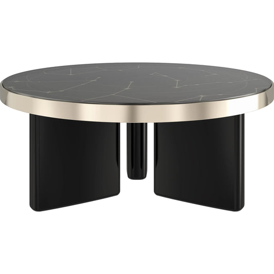 Umbra Large Cocktail Table by Caracole in whisper of gold, silver shadow, piano black. Made from poplar, glass, metal in a modern style.