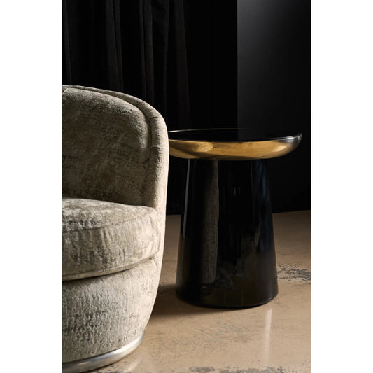 Umbra Side Table by Caracole in whisper of gold, piano black. Made from poplar, mirror, metal in a modern style.