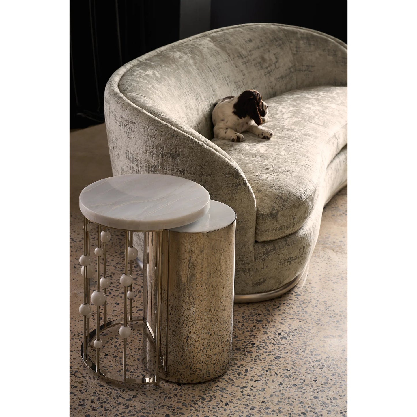 001 SI-2193894 | Lifestyle | Orbit Nesting Accent Table by Caracole in whisper of gold. Made from marble, metal in a modern style.
