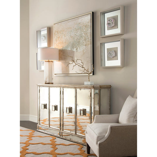 Juno Foxed Mirror Credenza by John-Richard in silver and parisian silver. Made from acacia wood in a traditional style.