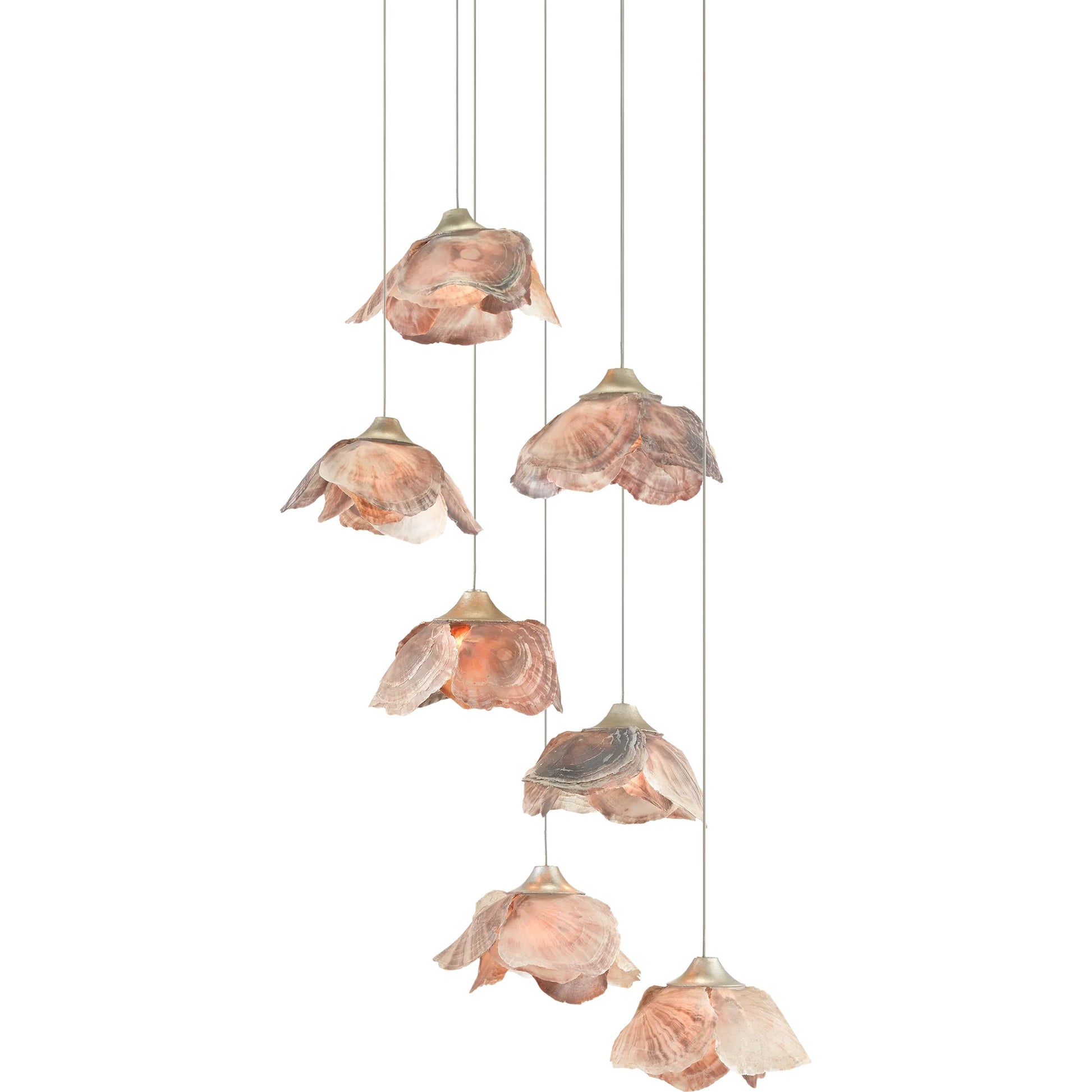 Catrice Pendant by Currey and Company in painted silver, contemporary silver leaf, natural shell. Made from capiz shell, wrought iron in a coastal style.