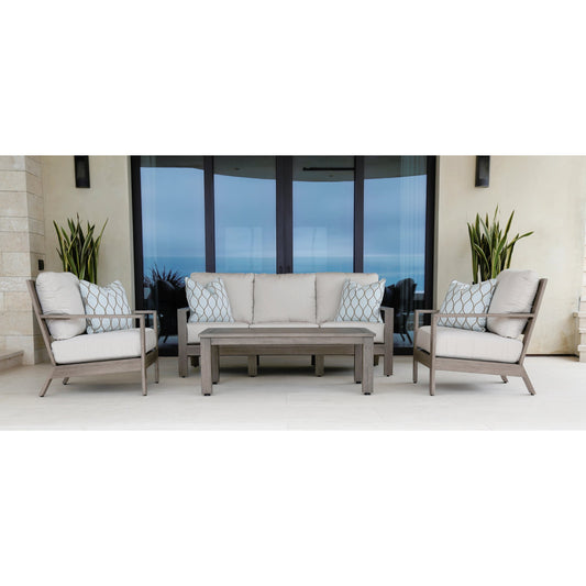 Laguna Outdoor Coffee Table by Sunset West in driftwood. Made from aluminum in a modern style.