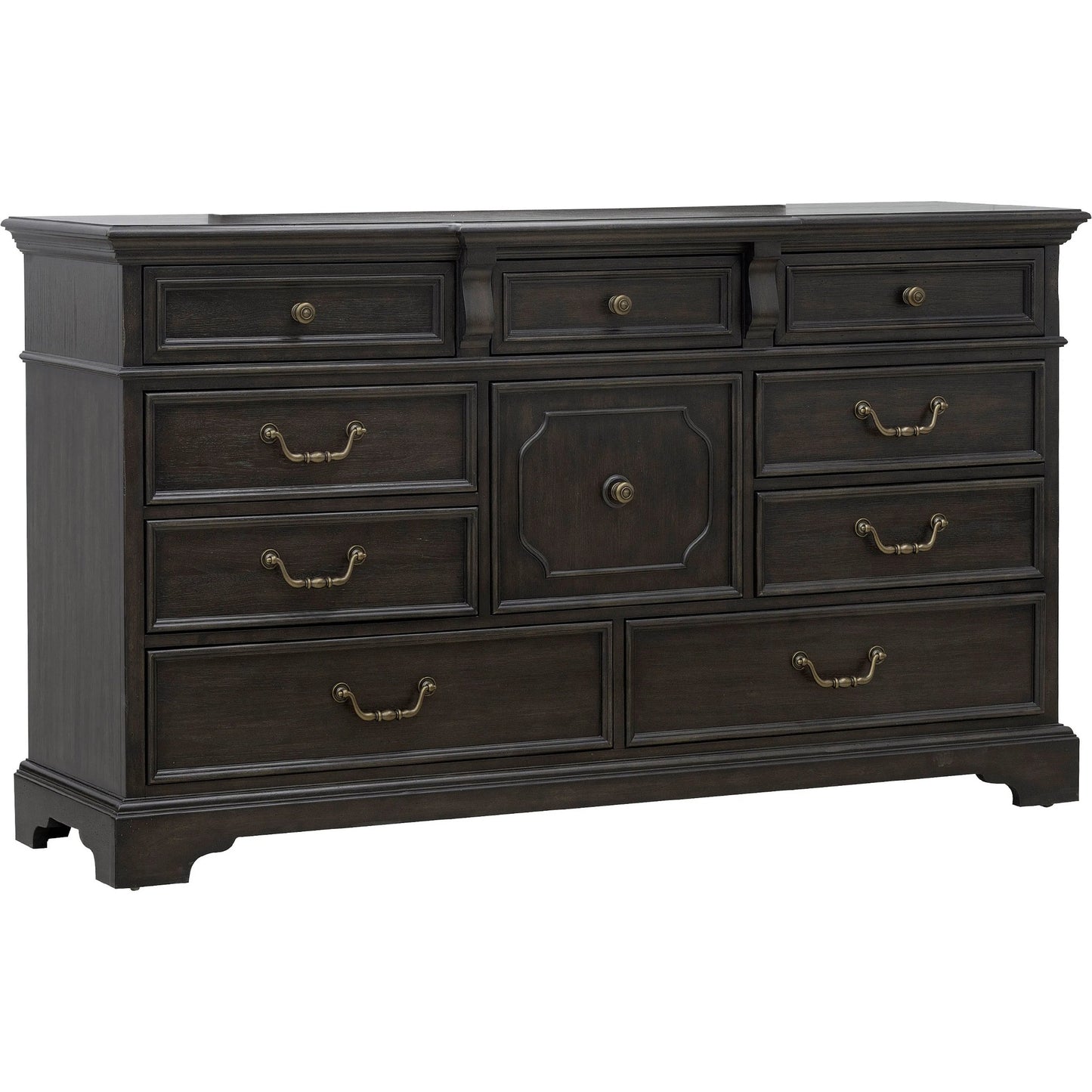 001 SI-2383569 | Primary Silo | Hickory Creek 10 Drawer Dresser by Pulaski Furniture in brown velvet. Made from split heart cathedral hickory veneers in a unique style.