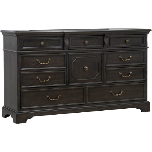 Hickory Creek 10 Drawer Dresser by Pulaski Furniture in brown velvet. Made from split heart cathedral hickory veneers in a traditional style.