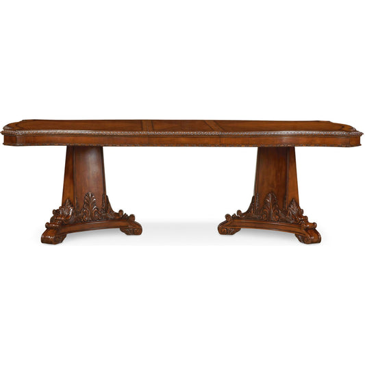 Old World Double Pedestal Dining Table by A.R.T. Furniture in brown and medium cherry. Made from new zealand pine solids, cathedral cherry veneer, exotic avodire veneer in a traditional style.