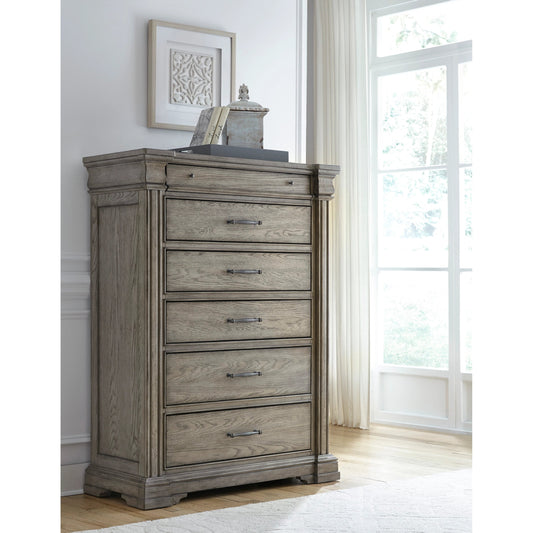Madison Ridge-Drawer Chest by Pulaski Furniture in bluff grey. Made from asian hardwood, oak veneers in a traditional style.