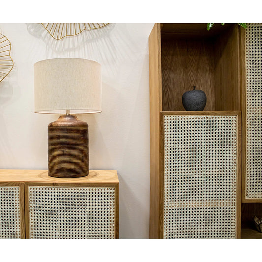 Skye Heritage Lamp by LH Imports in brown, off-white and brown. Made from wood, cotton in a unique style.