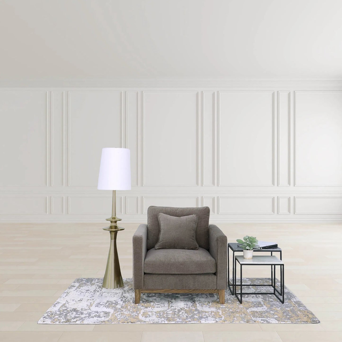 005 SI-2325253 | Lifestyle | Symphony Floor Lamp by LH Imports in brass, off-white and antique brass. Made from aluminum, linen in a unique style.