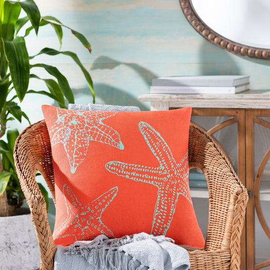Sea Life Indoor/Outdoor Pillow by Surya in orange. Made from 100% cotton in a coastal style.