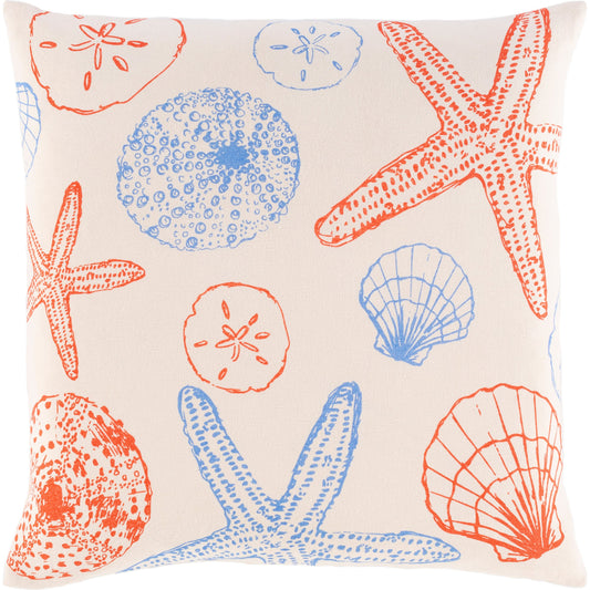 Sea Life Pillow - 19624 by Surya in cream, coral, sky blue. Made from 100% cotton in a coastal style.