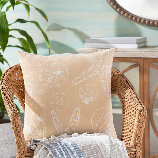 Sea Life Indoor/Outdoor Pillow by Surya in beige, white. Made from 100% cotton in a coastal style.