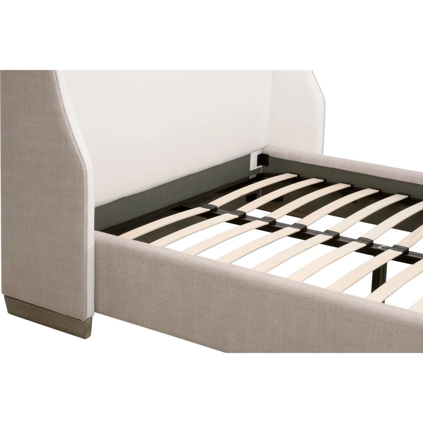 008 SI-2249333,SI-2249334,SI-2249335 | Closeup | Sloan Bed by Essentials For Living in livesmart peyton-pearl, bisque, natural gray oak. Made from solid oak wood, plywood, metal in a modern style.
