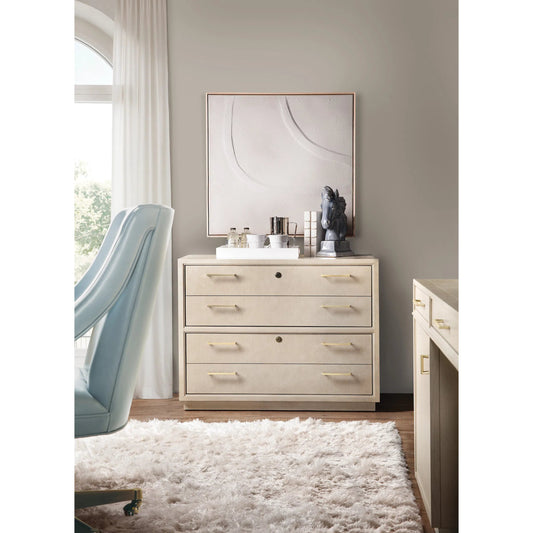 Marlowe Lateral File by Hooker Furniture in light wood and polished limestone, quartered oak veneers. Made from white oak solids, white oak veneers in a unique style.