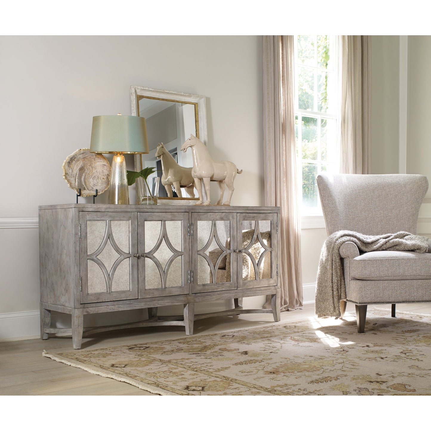 003 SI-1748820 | Lifestyle | Diamante Console by Hooker Furniture in light wood. Made from cherry veneers with antique mirror in a modern style.