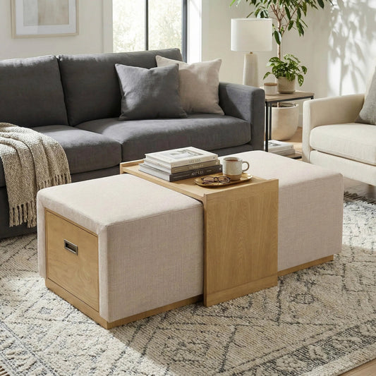 Elara Storage Ottoman by LH Imports in beige, barley chenille and natural. Made from ash, polyester in a unique style.