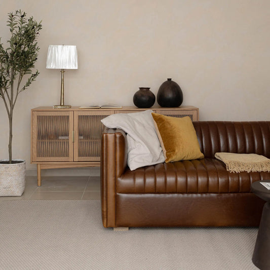 Channel Sofa by LH Imports in camel brown and brown washed. Made from seat: 93% pu foam, 7% polyester fiber, fabric: pu leather, ash wood; in a traditional style.
