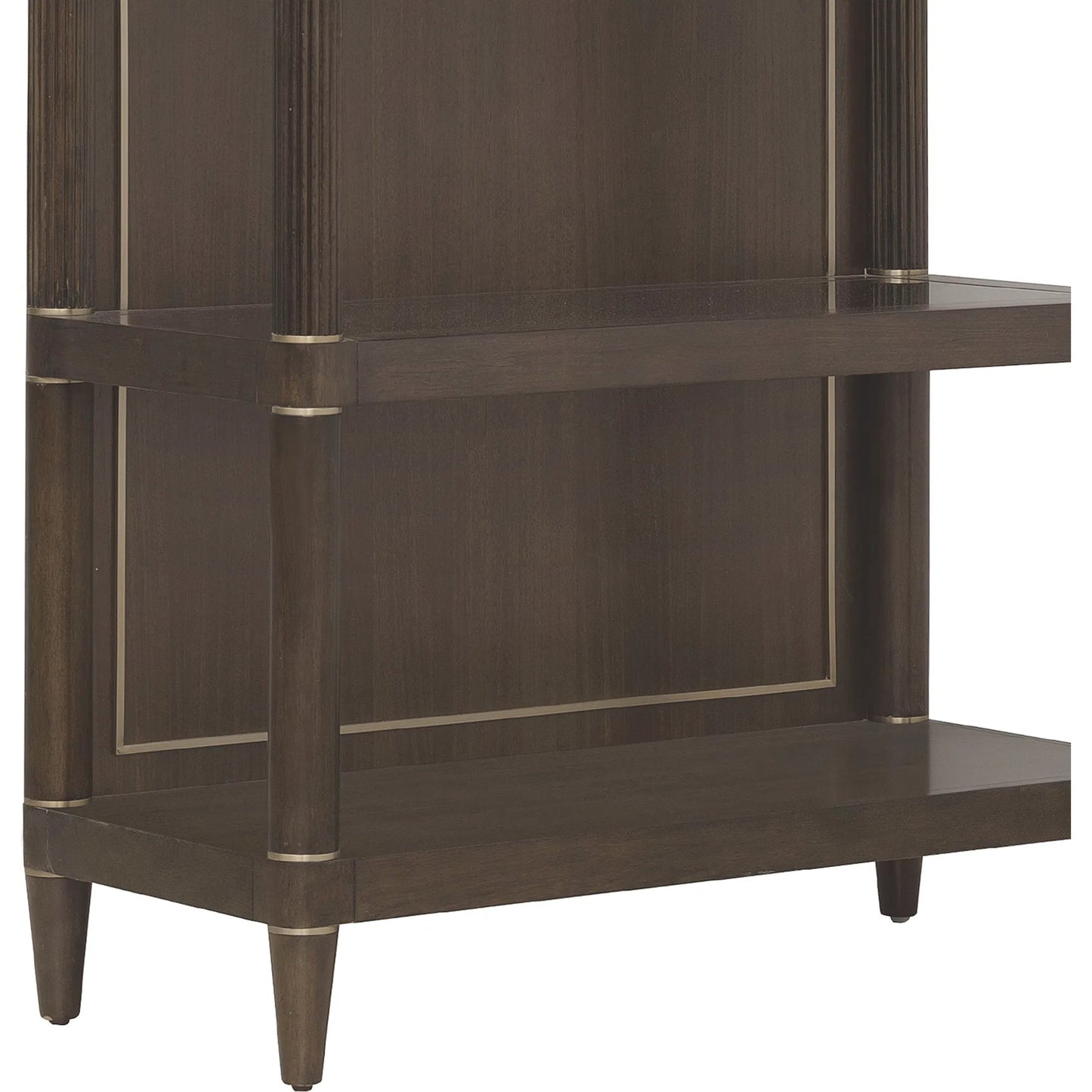 004 SI-2449357 | Closeup | Asher Park Open Shelf Etagere by Pulaski Furniture in piano brown. Made from eucalyptus veneers in a unique style.