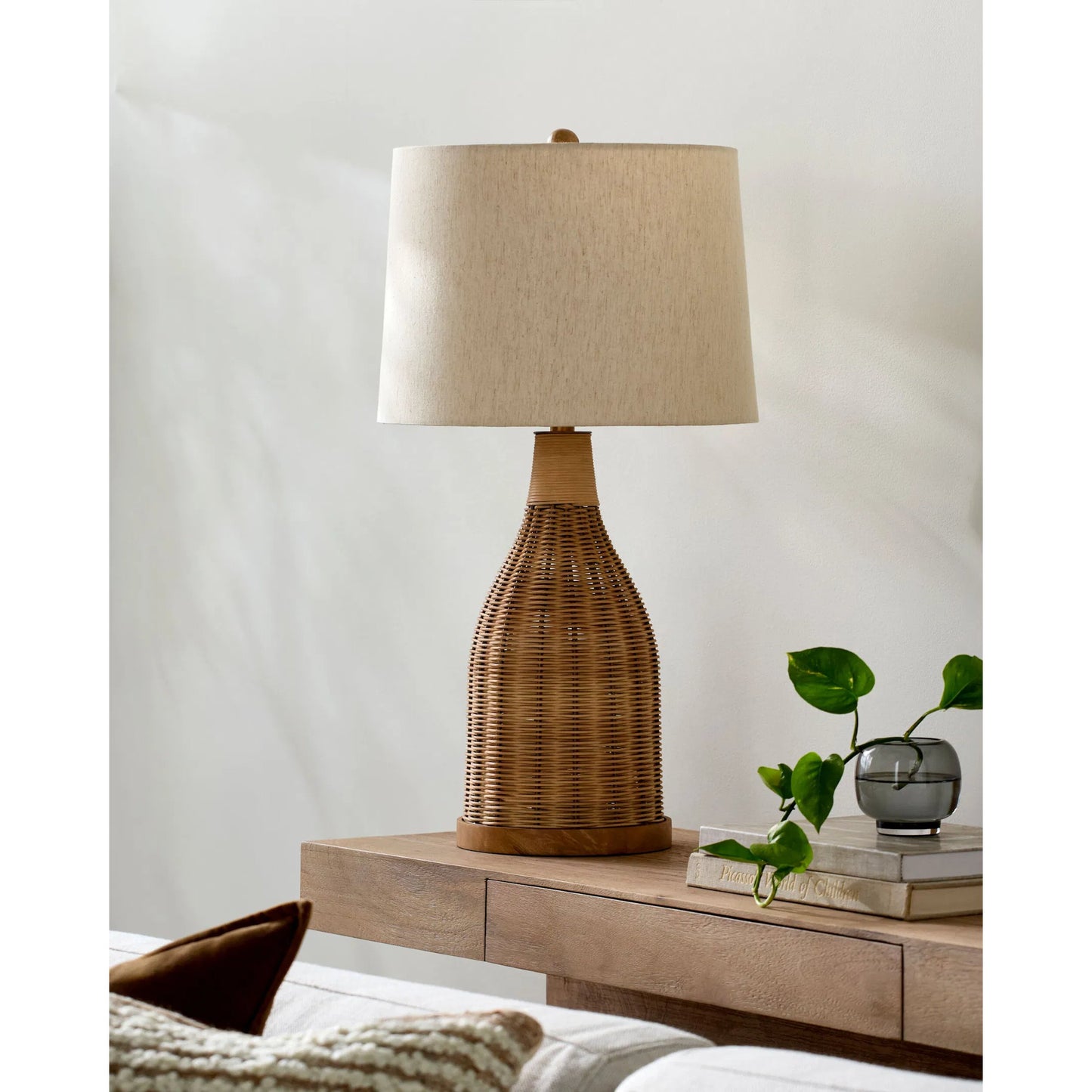 002 SI-2380024 | Lifestyle | Senja Accent Table Lamp (Set of 2) by Surya in beige, wheat, gold, translucent, white, metallic brass. Made from rattan, cotton, iron in a rustic style.
