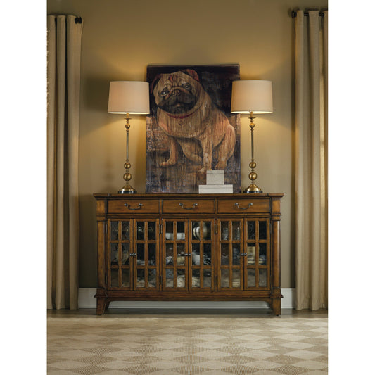 Tynecastle Buffet by Hooker Furniture in chestnut. Made from alder veneers, seeded glass in a traditional style.