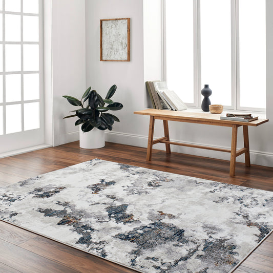 Soldado Rug - 33121 by Livabliss in white, medium gray, blue, dark blue, rust, mustard. Made from main: 85% polypropylene, main: 15% polyester in a unique style.